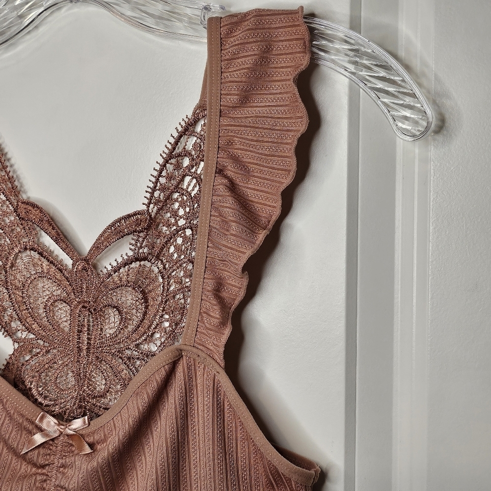 Lace Butterfly Y2K Back Crop Tank Top Medium Dusty Rose Ruffle Ribbed Cami Boho - Picture 5 of 7